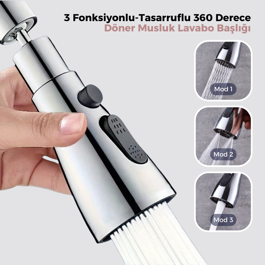 3 Fonksiyonlu Tasarruflu 360 Derece Döner Musluk Lavabo Başlığı