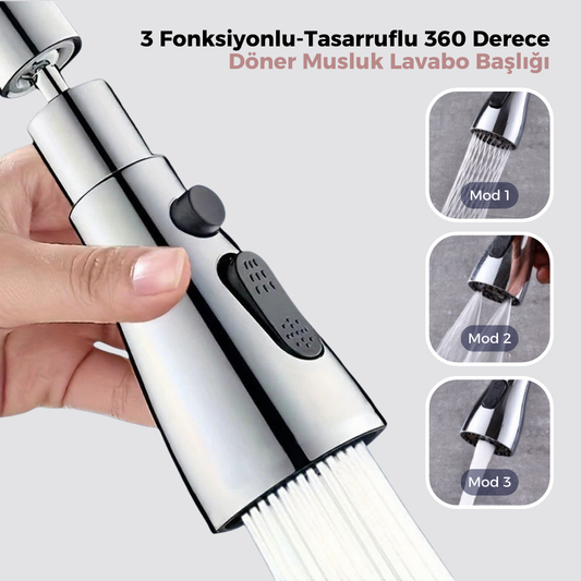 3 Fonksiyonlu Tasarruflu 360 Derece Döner Musluk Lavabo Başlığı