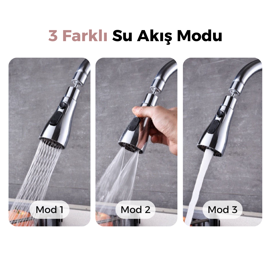 3 Fonksiyonlu Tasarruflu 360 Derece Döner Musluk Lavabo Başlığı