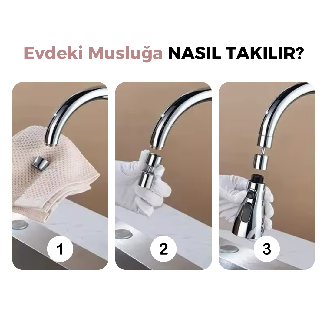 3 Fonksiyonlu Tasarruflu 360 Derece Döner Musluk Lavabo Başlığı