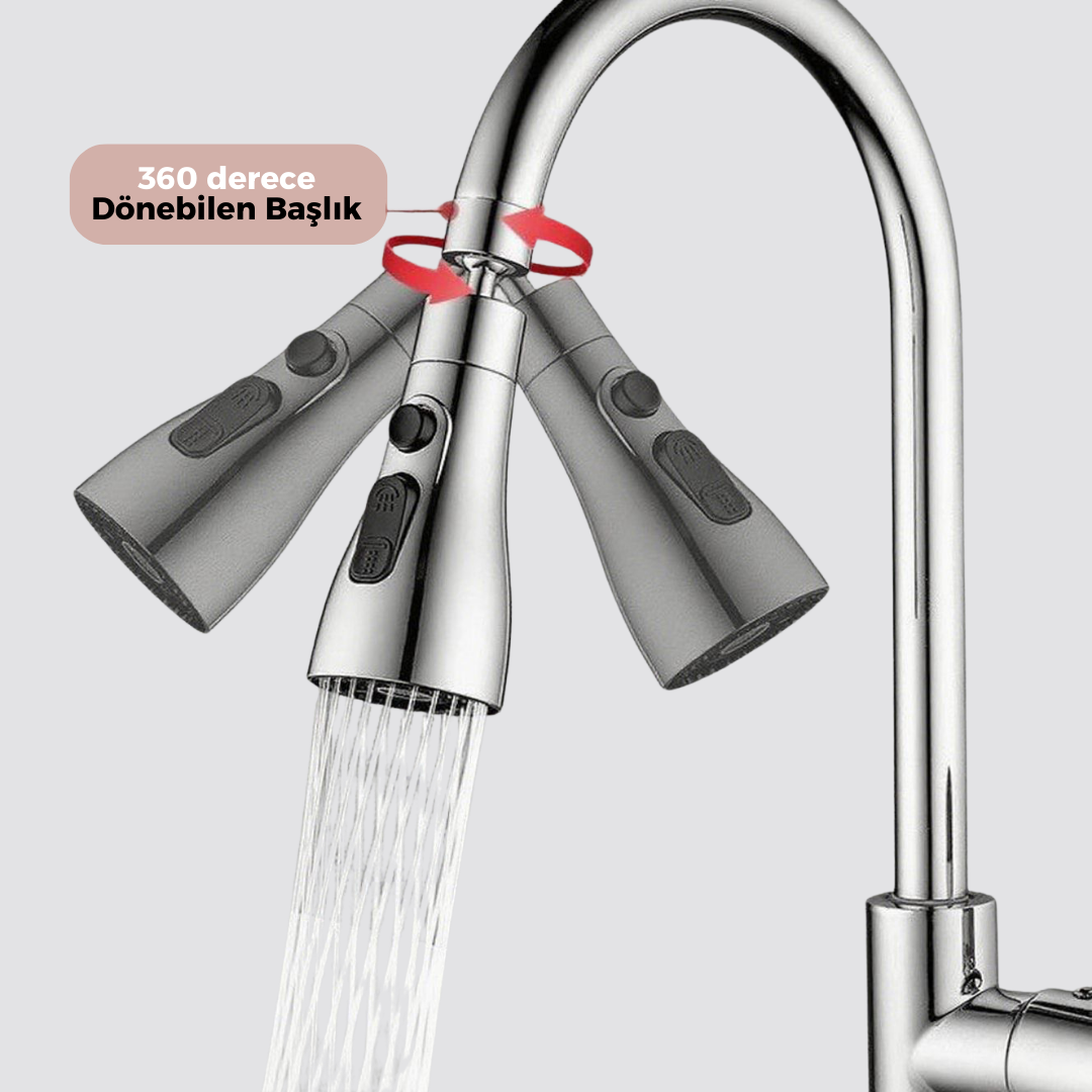 3 Fonksiyonlu Tasarruflu 360 Derece Döner Musluk Lavabo Başlığı