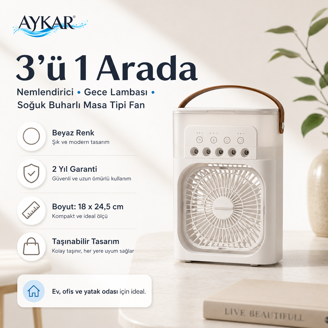 AYKAR AuraMist™ 3’ü 1 Arada Serinletici Fan | Nemlendirici ve Gece Lambası