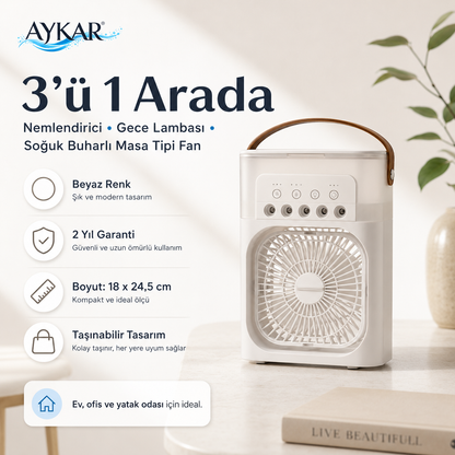 AYKAR AuraMist™ 3’ü 1 Arada Serinletici Fan | Nemlendirici ve Gece Lambası