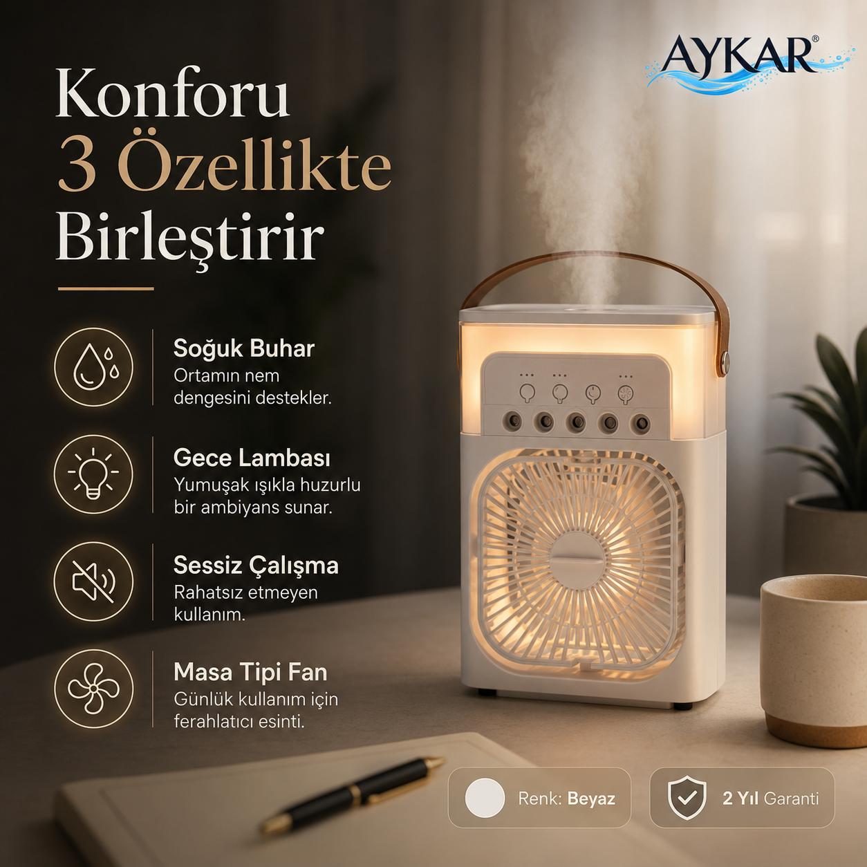 AYKAR AuraMist™ 3’ü 1 Arada Serinletici Fan | Nemlendirici ve Gece Lambası