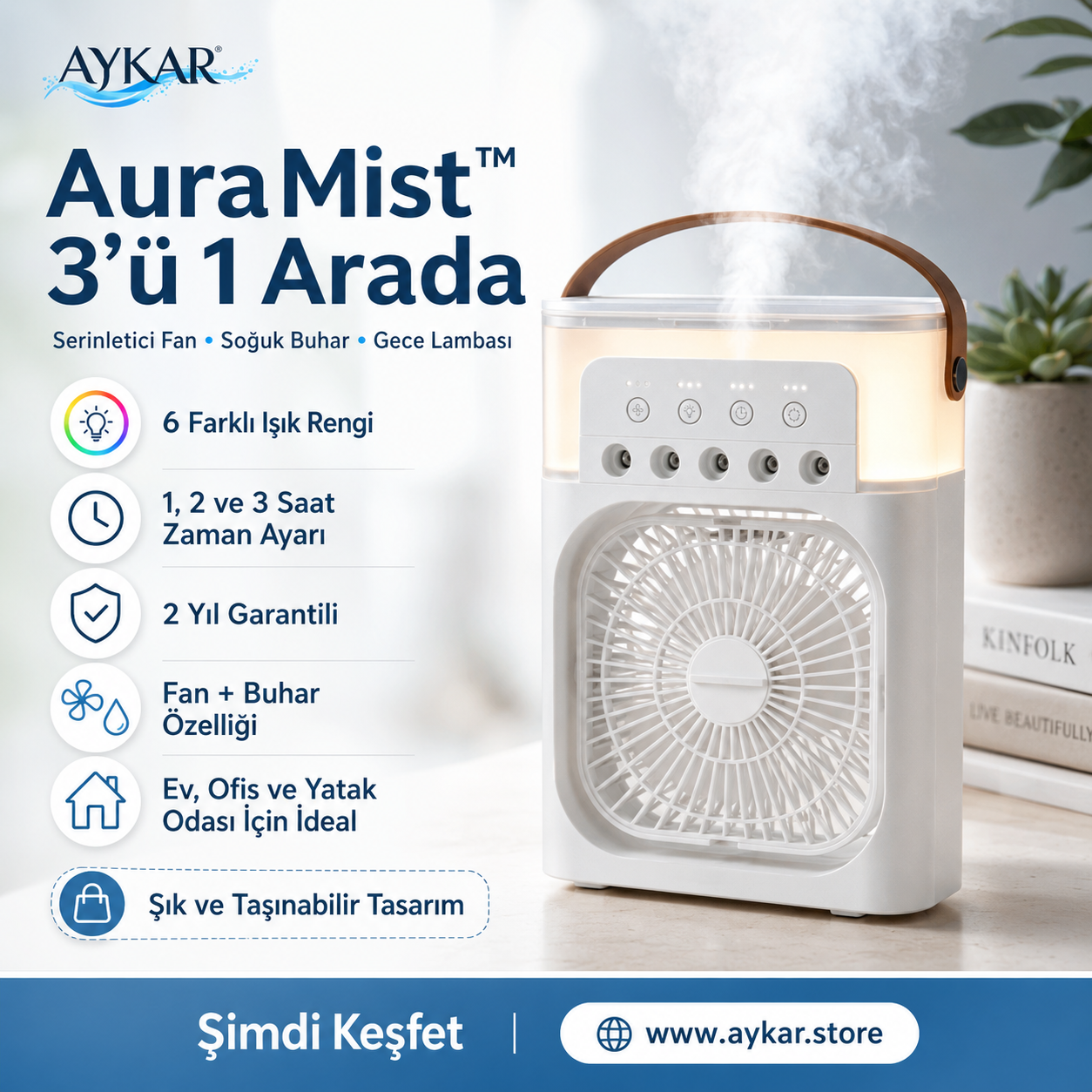 AYKAR AuraMist™ 3’ü 1 Arada Serinletici Fan | Nemlendirici ve Gece Lambası
