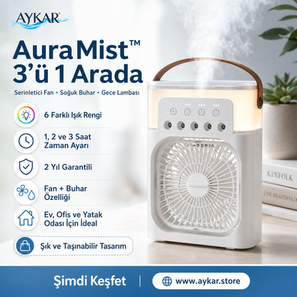 AYKAR AuraMist™ 3’ü 1 Arada Serinletici Fan | Nemlendirici ve Gece Lambası